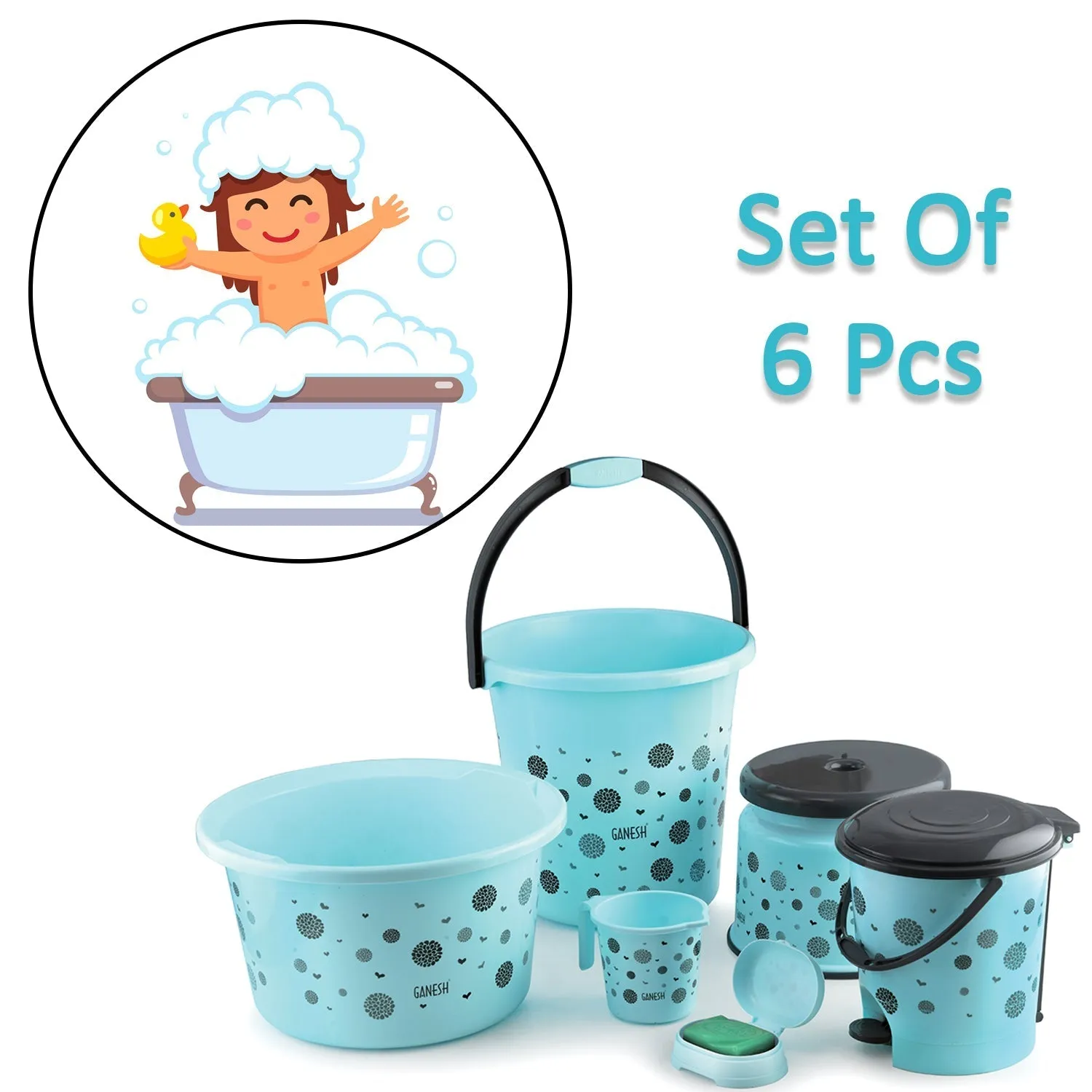 8711 PLASTIC BATHROOM ACCESSORIES SET 6 PCS BATH SET BATHROOM BUCKET WITH DUSTBIN MUG, STOOL, SOAP CASE,TUB