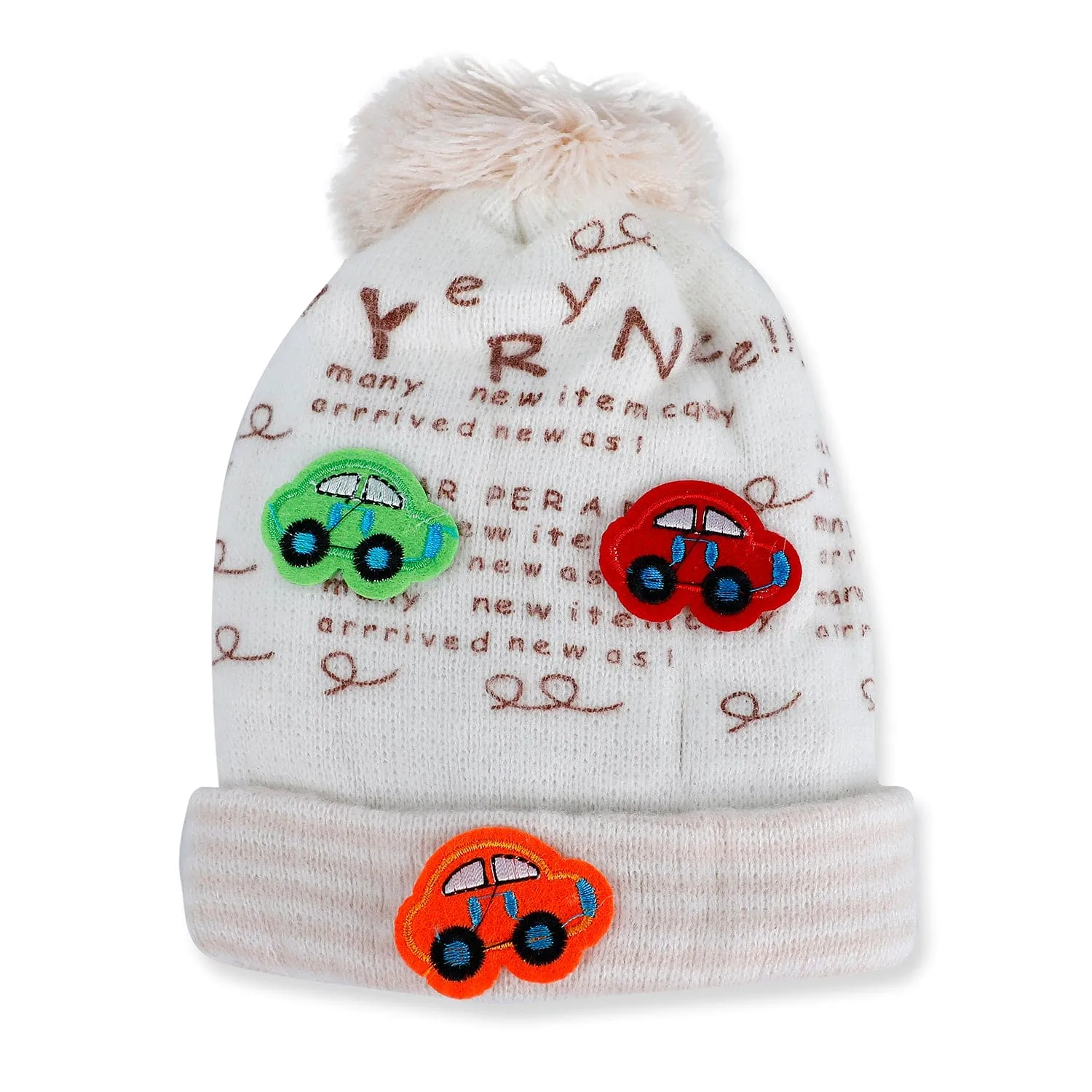 Baby Moo Car Pom Pom Breathable Beanie Warm Knitted Woollen Cap - Cream