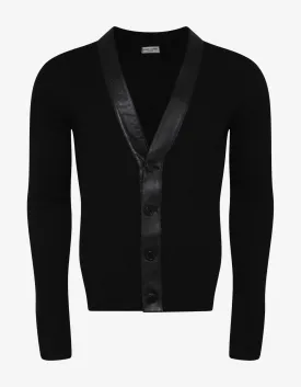 Black Cashmere Cardigan with Leather Trim