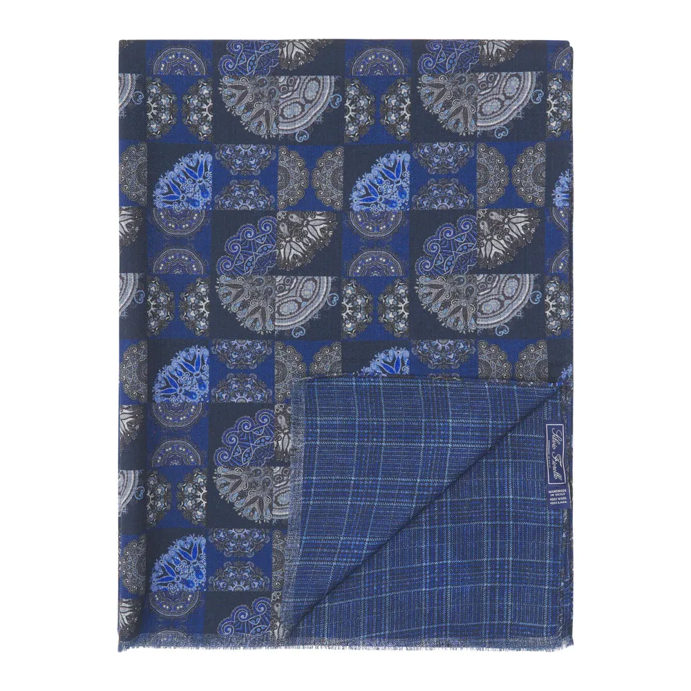 Blue Medallion Patchwork and Madras Pattern Wool Scarf