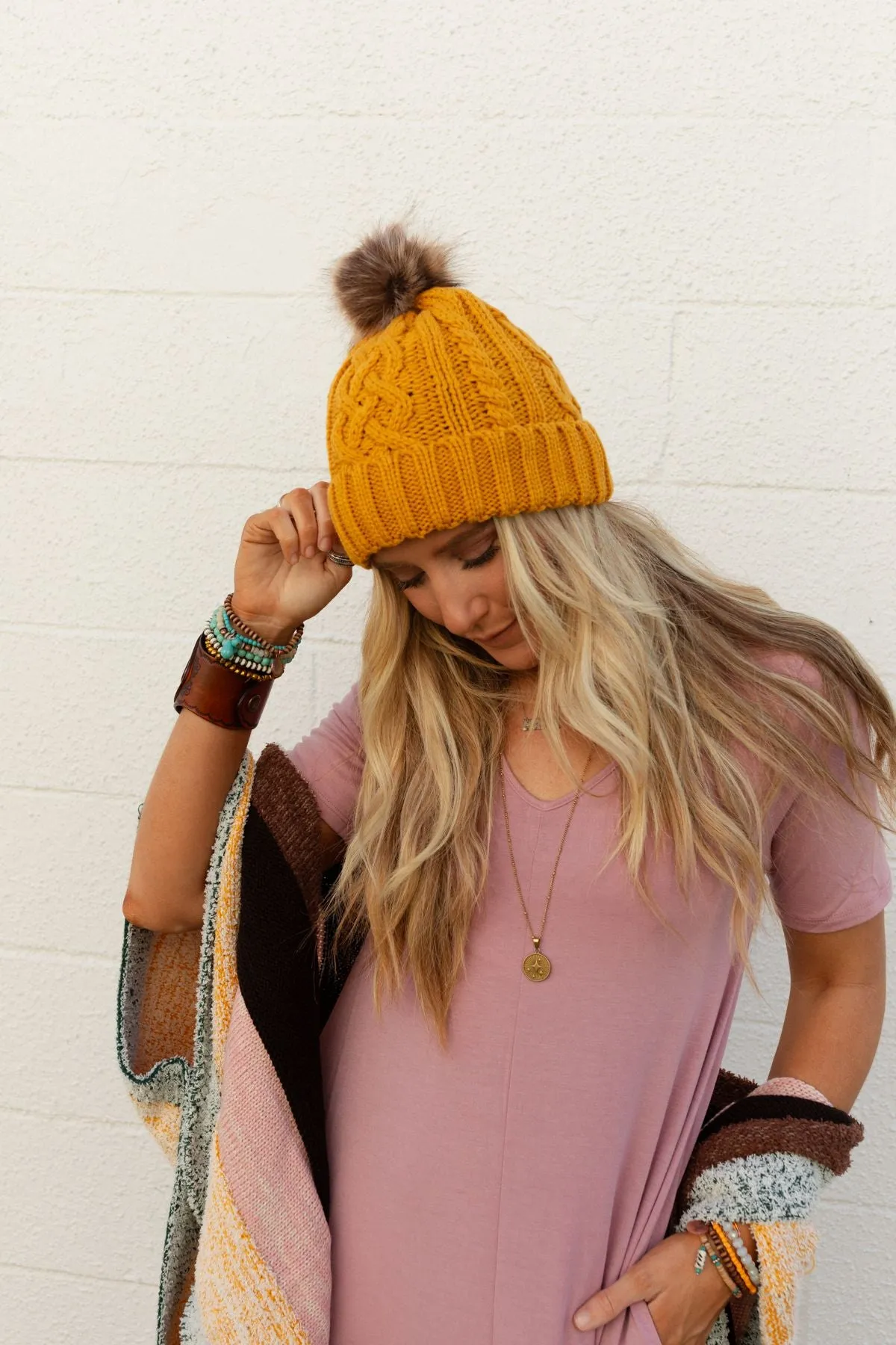 Cable Knit Faux Fur Pom Beanie - Mustard