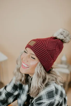 CC Leather Patch Beanie, Burgundy