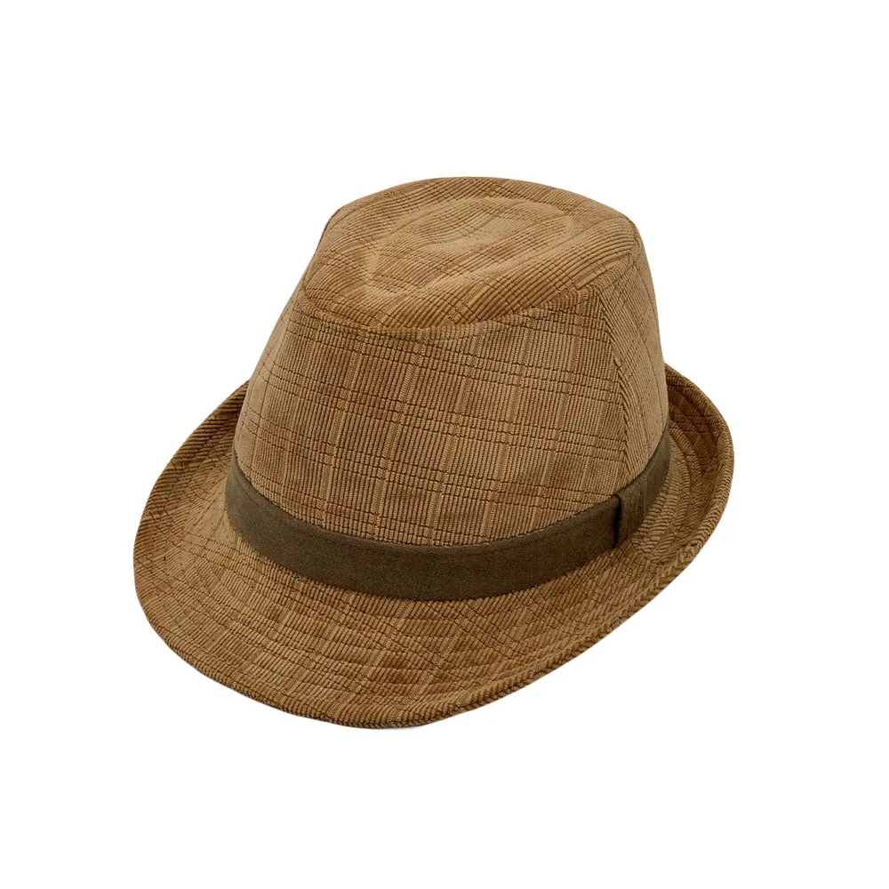 Check Pattern Corduroy Fedora Hat Classic Trilby Short Brim LD61541