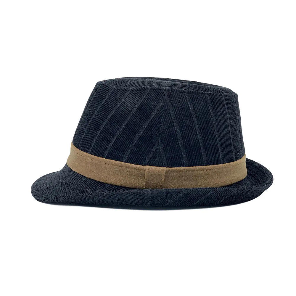 Check Pattern Corduroy Fedora Hat Classic Trilby Short Brim LD61541