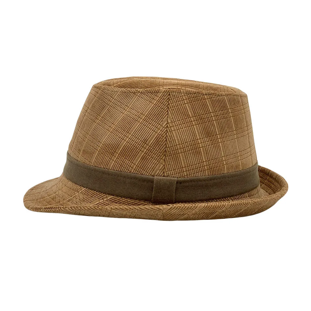 Check Pattern Corduroy Fedora Hat Classic Trilby Short Brim LD61541