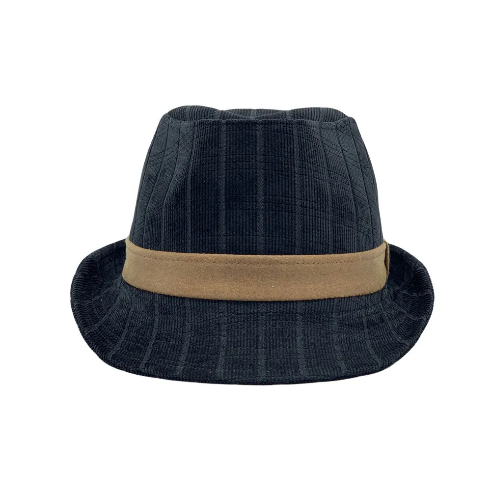 Check Pattern Corduroy Fedora Hat Classic Trilby Short Brim LD61541