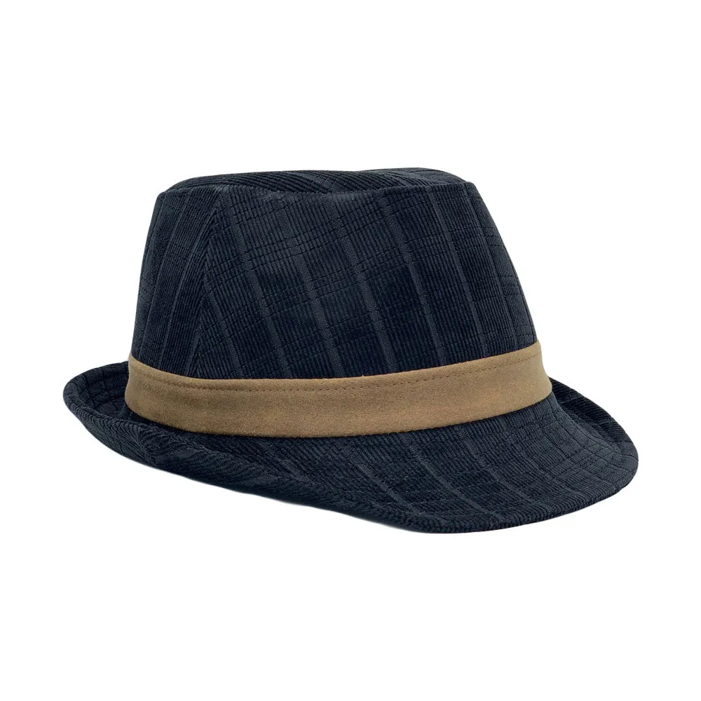 Check Pattern Corduroy Fedora Hat Classic Trilby Short Brim LD61541