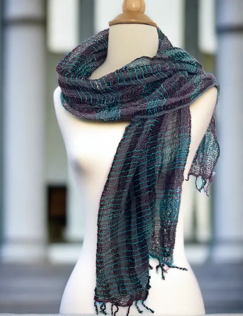 Handwoven Open Weave Cotton Scarf - Black Turquoise Plum