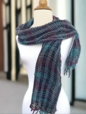 Handwoven Open Weave Cotton Scarf - Black Turquoise Plum