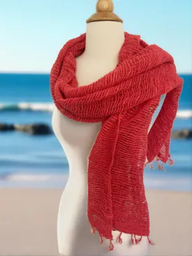 Handwoven Open Weave Cotton Scarf - Coral