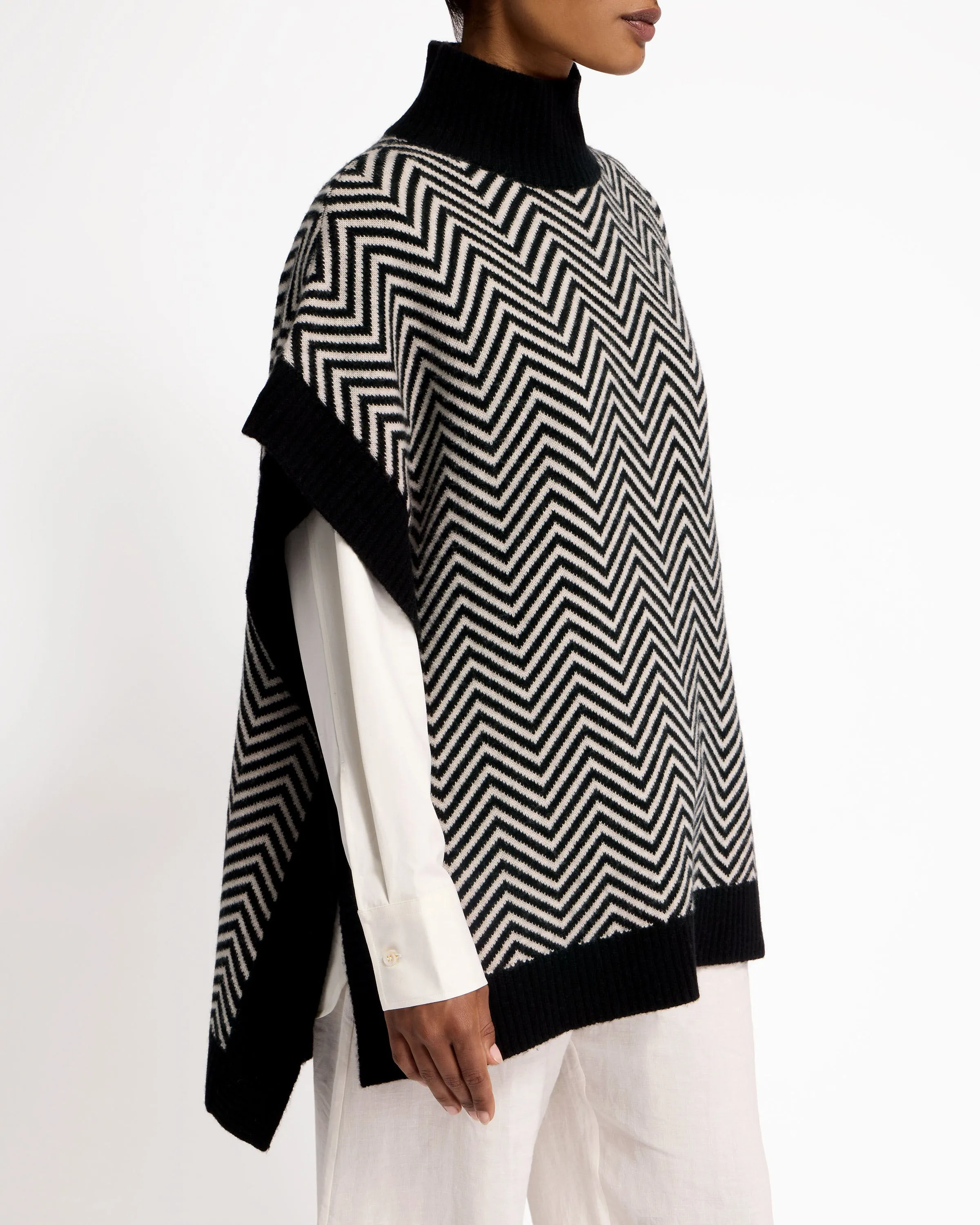 Harris Herringbone Cashmere Blend Poncho - Black/Natural