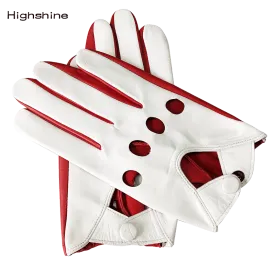 Highshine Men's Luxury Genuine Goatskin Leather Driving Gloves Thin Unlined for a tighter fit and extra flexibility Red/White