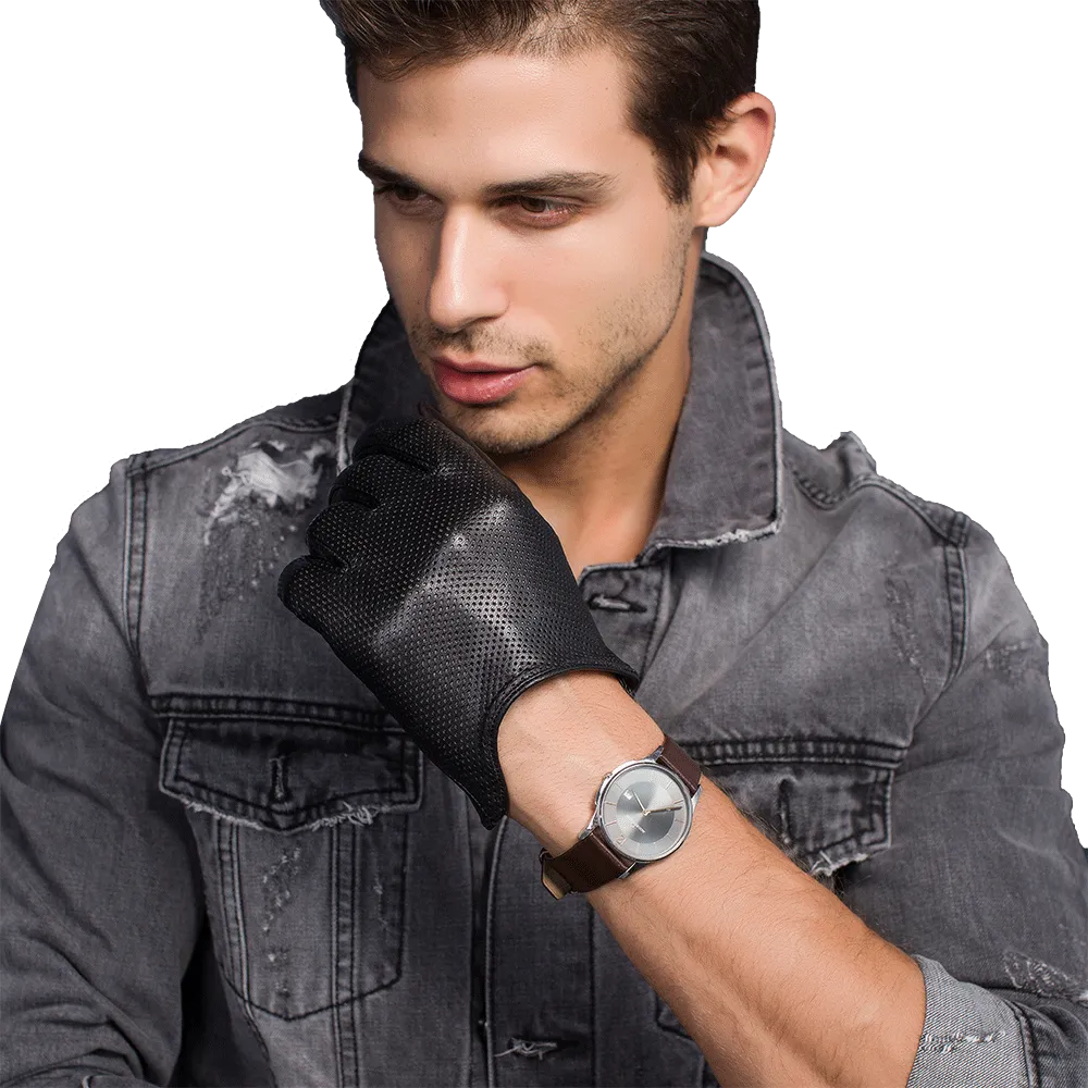 HighShine Men's Unlined Mesh Genuine Leather Gloves Touchscreen Breathable Soft Lambskin  Driving Retro Motorcycle gloves