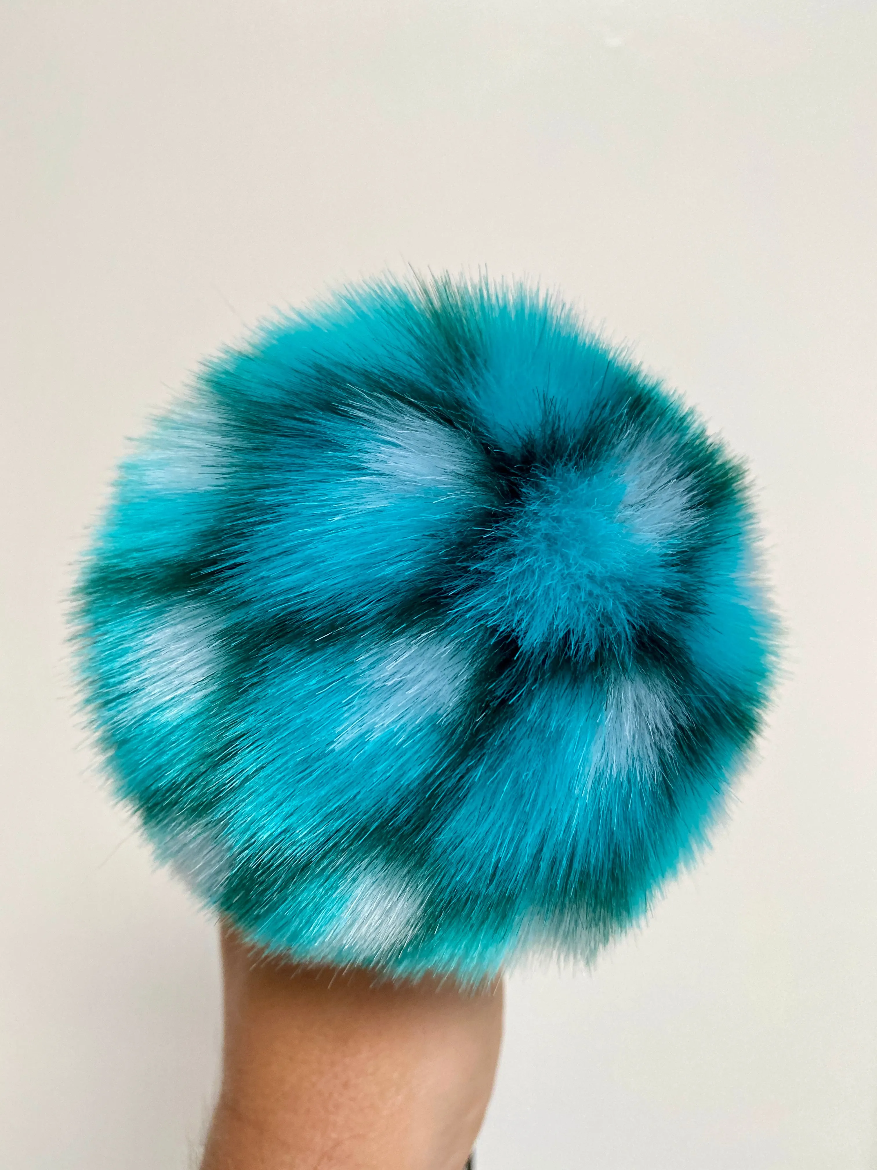 MADE TO ORDER Fun and funky snake like print teal faux fur pom pom with wooden button