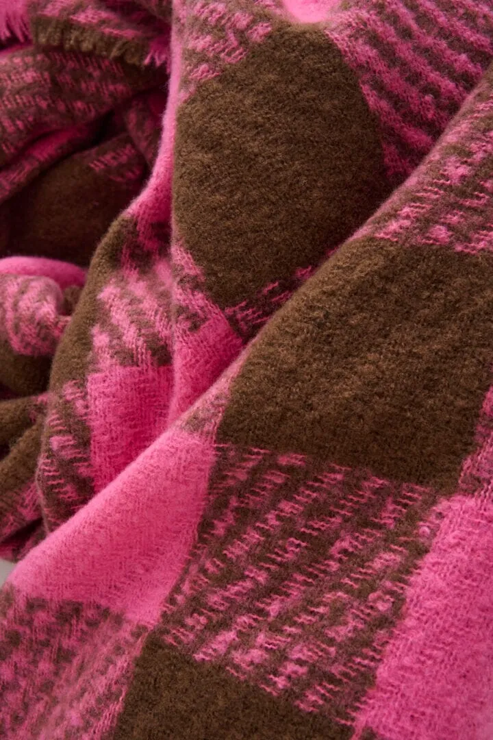 PINK BROWN FRINGE PLAID SCARF