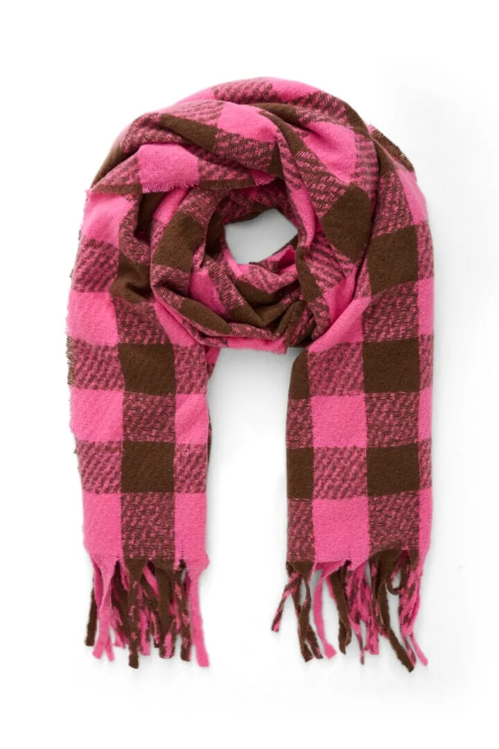 PINK BROWN FRINGE PLAID SCARF