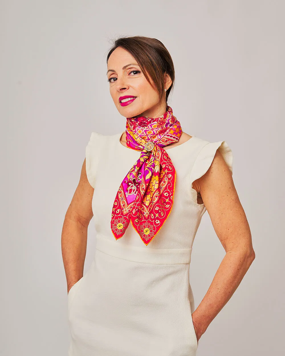 Porta Catania Porta Messina Orange and Pink Silk Twill Scarf and Ring