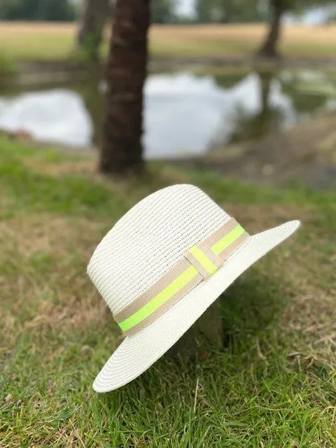 Summer Straw Fedora with Beige & Fluorescent Yellow Ribbon