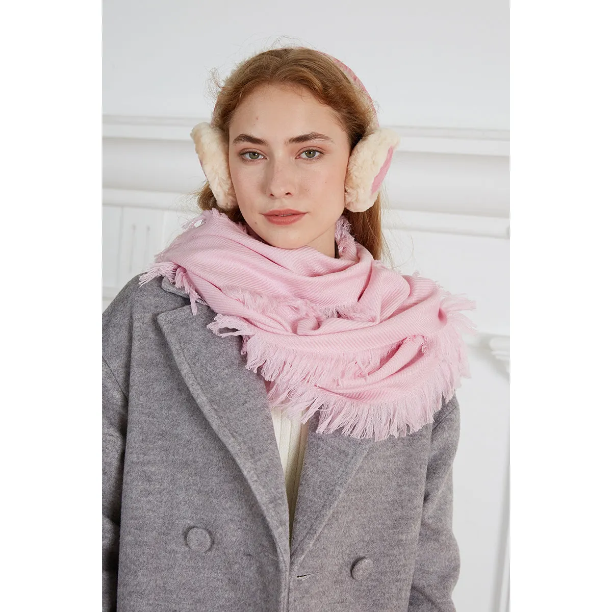 Ugg Fringed Check Wool Scarf Pink